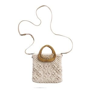 Italian Made Ivory Macrame Handbag and Crossbody with Wooden Handle BNWT